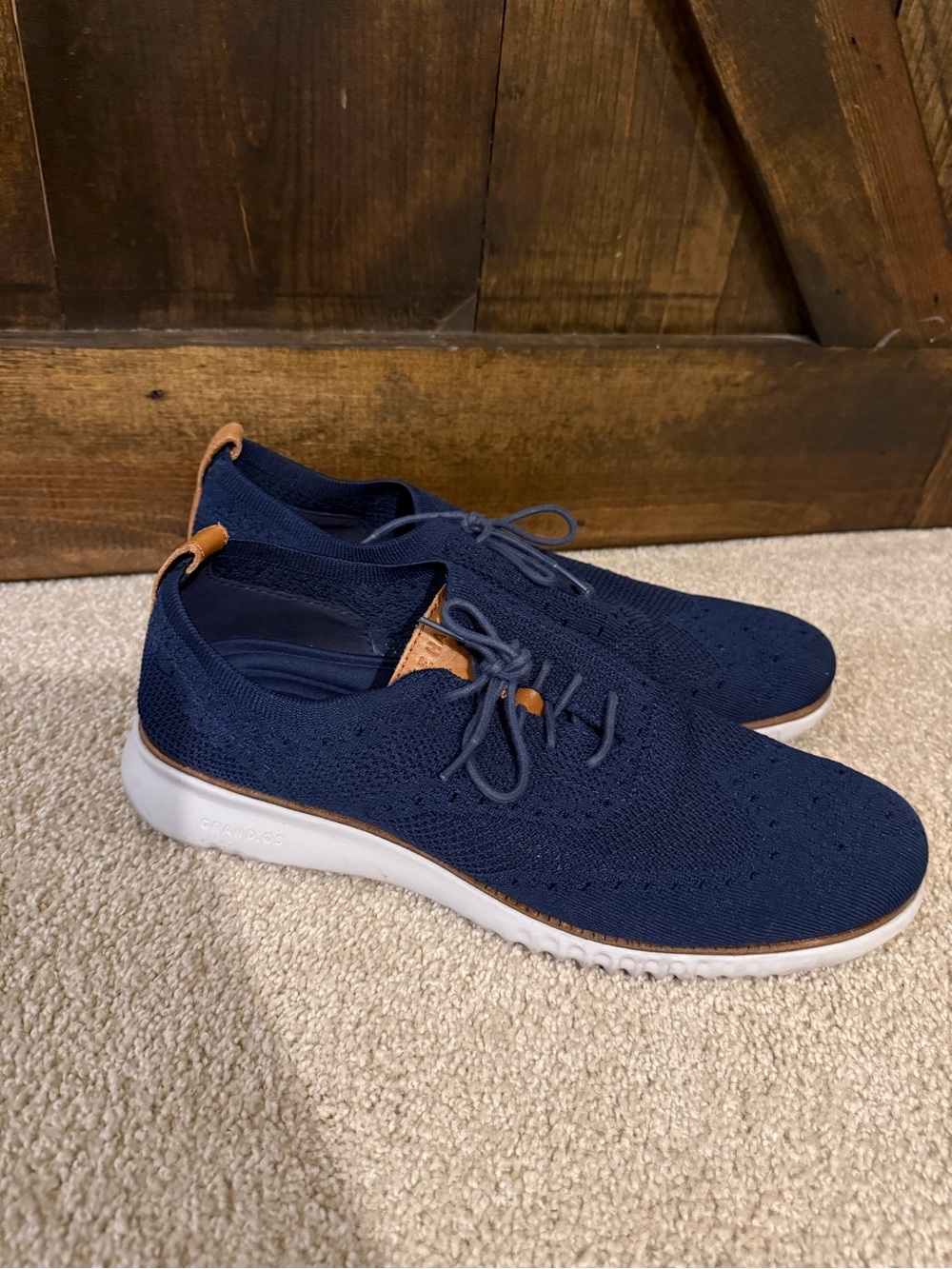 Cole Haan Navy Knit Lace-Up Sneakers with Tan Accents